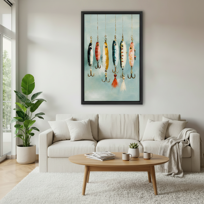 Vintage fishing lures framed canvas wall art displayed above a cream sofa in a Scandinavian-style living room