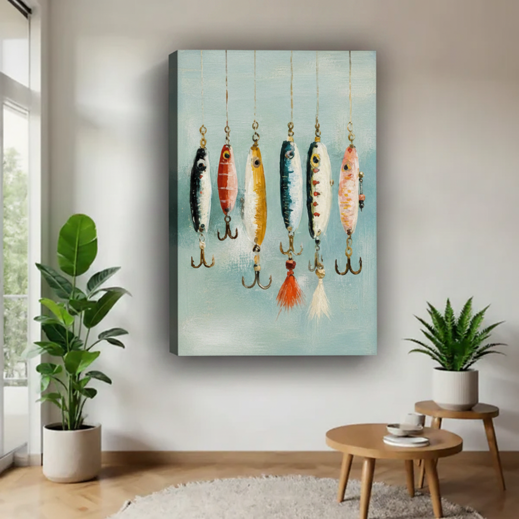 Gallery-wrapped fishing lures oil painting canvas art on white wall beside green plants in a contemporary living space