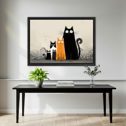 Black-framed five cats canvas wall art hangs above a wooden console with flowers and books.