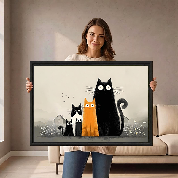 Woman holds framed five cats canvas wall art showing four black cats and one orange cat.
