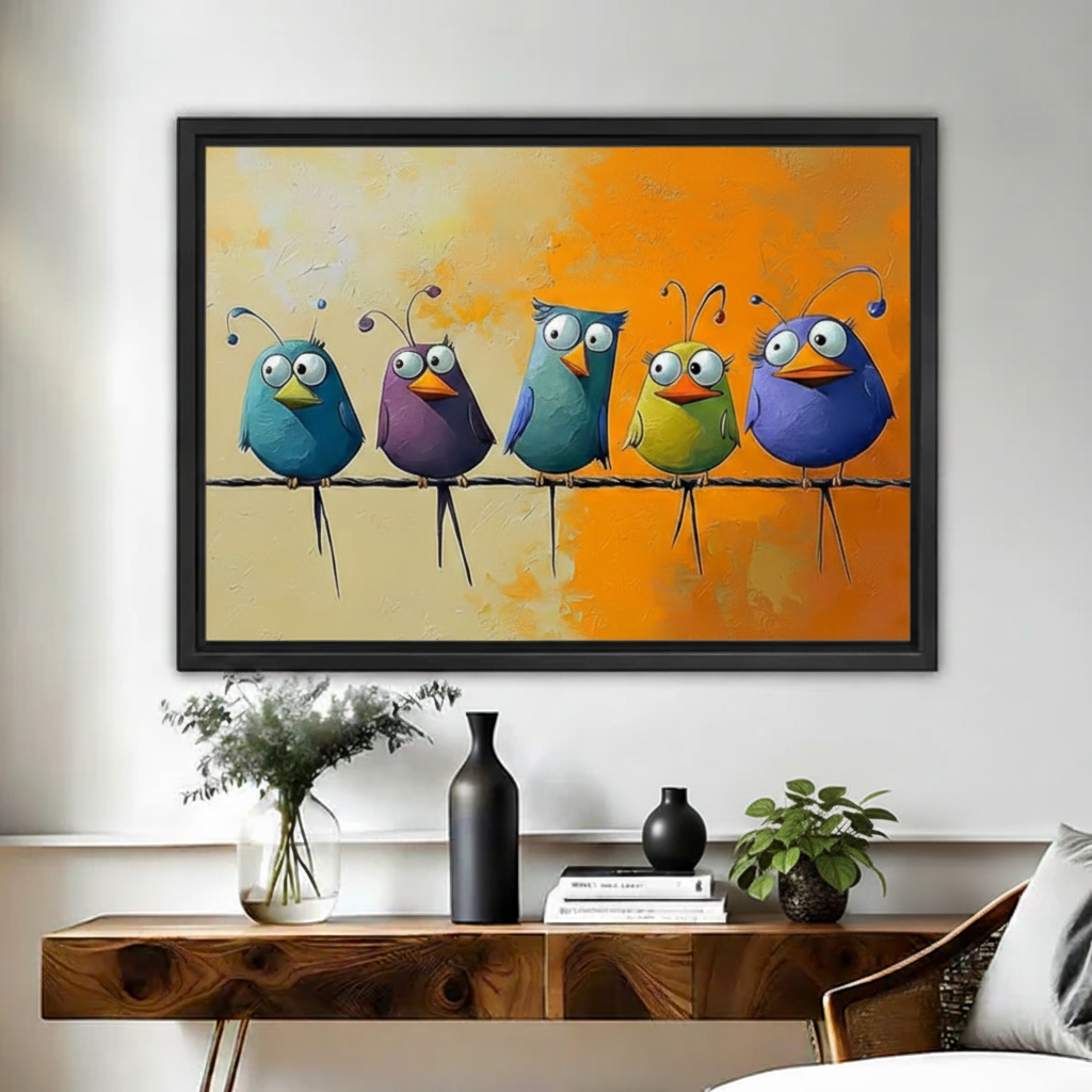 Black framed canvas of five quirky colorful birds sitting on a wire, vibrant orange and yellow oil painting, hallway wall decor