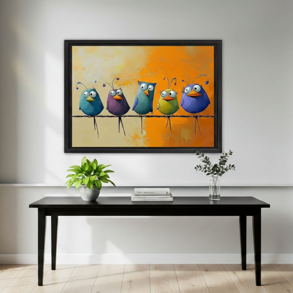 Large black framed canvas print of five chubby colorful birds perched on a wire, fun oil painting style, living room wall art above console