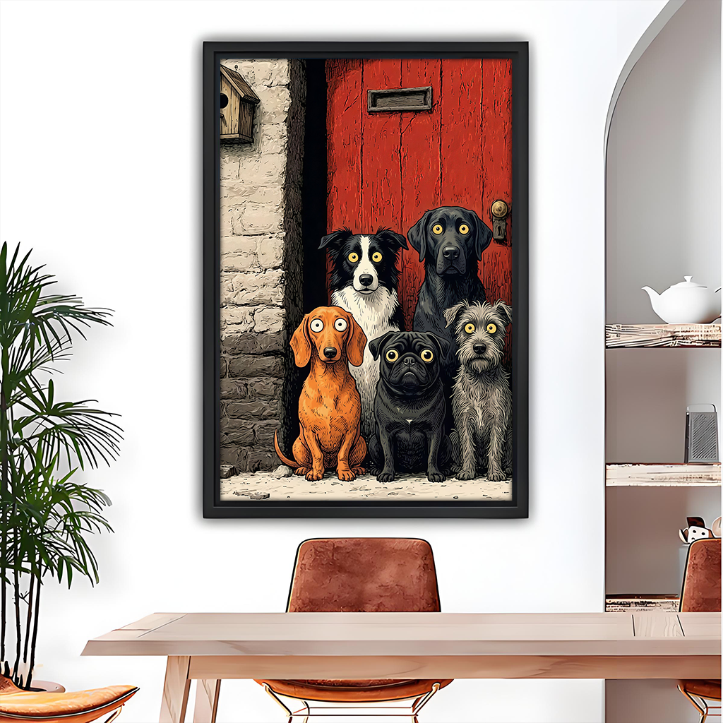 Five dogs canvas wall art in a black frame above a dining table, showing a weathered red door.