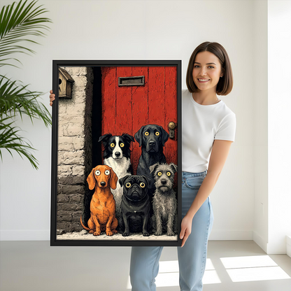 Black-framed five dogs canvas wall art displayed above a gray sofa with blue cushions in a bright living room.