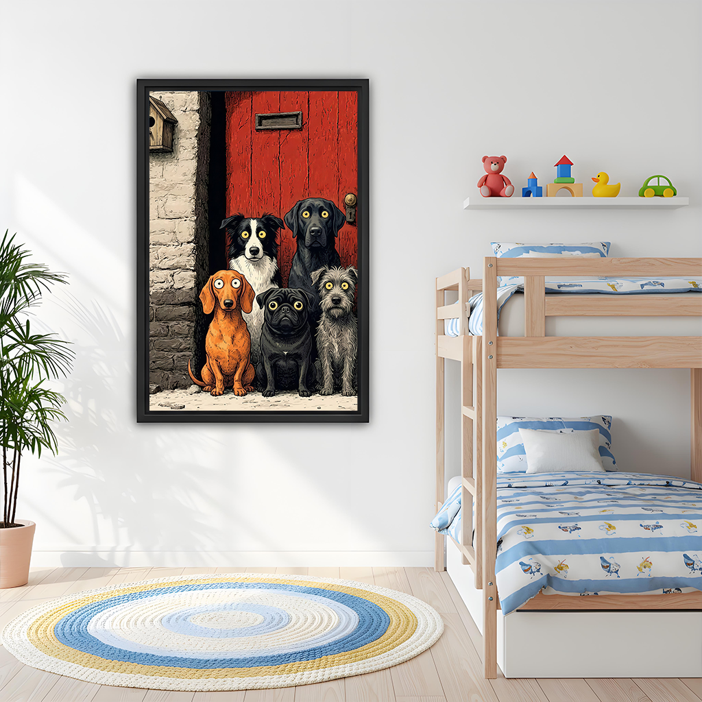 Woman holding black-framed five dogs canvas wall art featuring curious dogs gathered beside stonework and a red door.