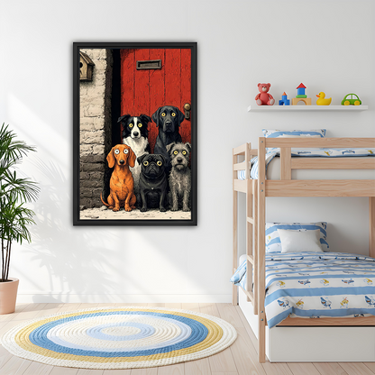 Woman holding black-framed five dogs canvas wall art featuring curious dogs gathered beside stonework and a red door.