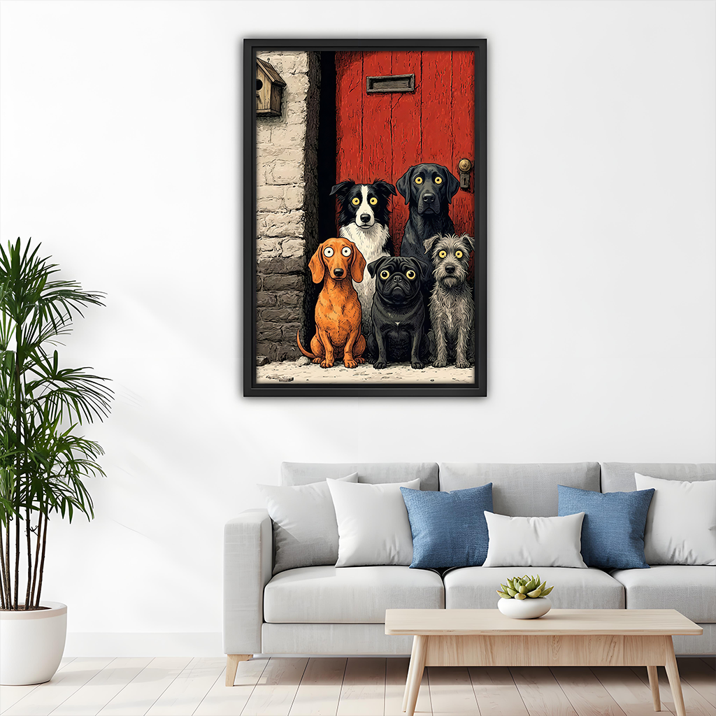 Five dogs canvas wall art in a black frame beside wooden bunk beds and a colorful toy shelf.