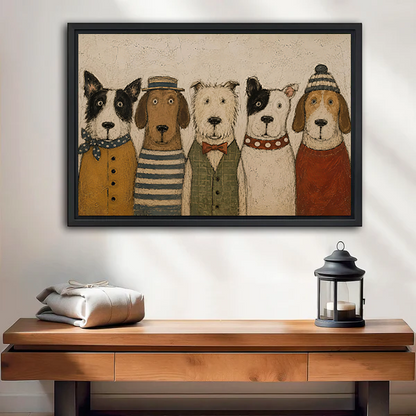 Rustic five dogs portrait canvas wall art featuring a friendly lineup in mustard, olive, and rust outfits.