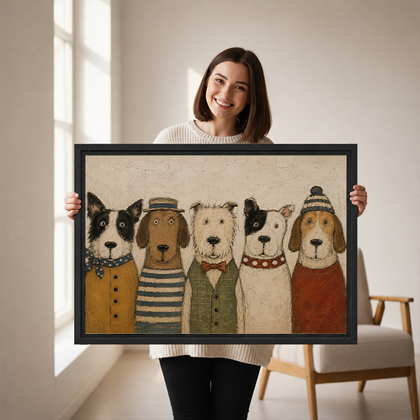 Woman holding black-framed five dogs portrait canvas wall art with whimsical clothing and a textured cream background.