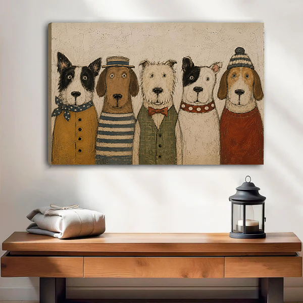 Five dogs portrait canvas wall art in rustic folk style, showing striped clothing, a bow tie, and hats.
