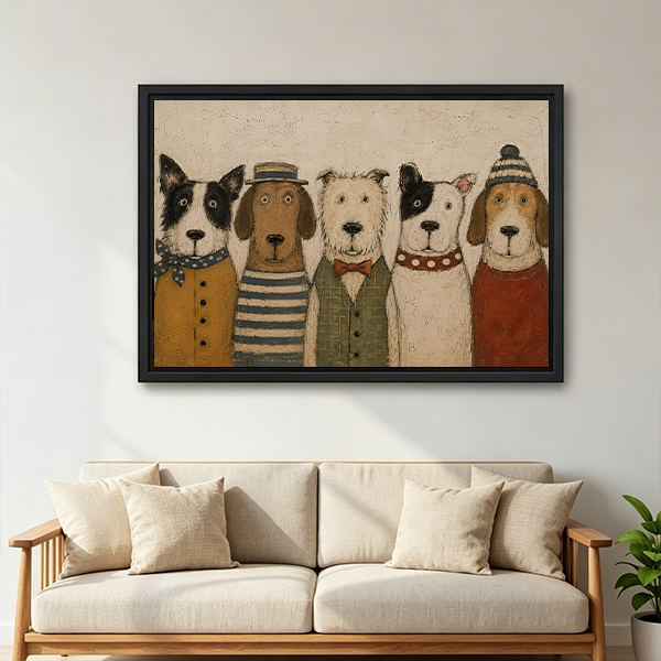 Warm muted colors define this five dogs portrait canvas wall art, with expressive faces arranged shoulder to shoulder.