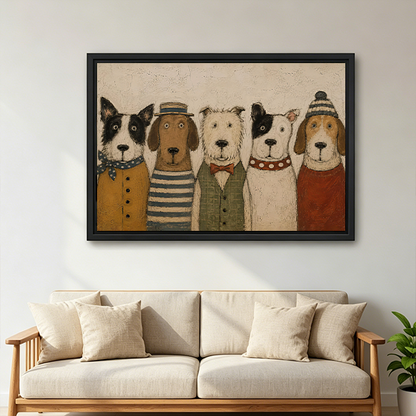 Warm muted colors define this five dogs portrait canvas wall art, with expressive faces arranged shoulder to shoulder.