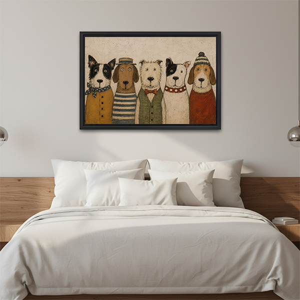 Folk-style five dogs portrait canvas wall art featuring black-and-white and brown dogs dressed in charming vintage-inspired outfits.