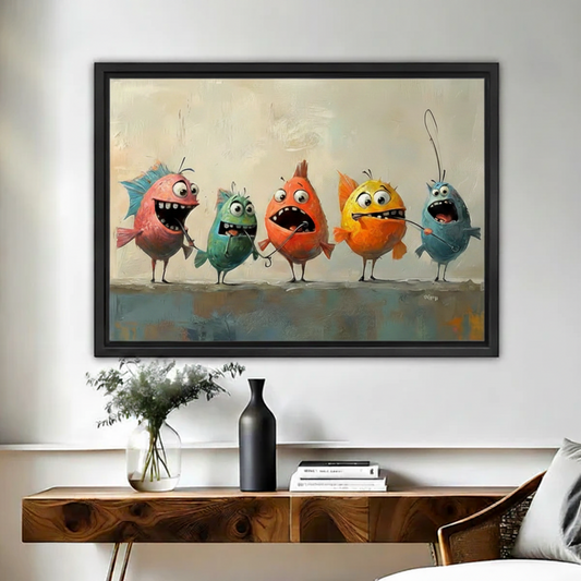 Black framed canvas wall art of five colorful cartoon fish biting fishing hooks and laughing, oil painting style, entryway console decor