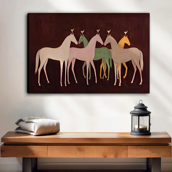 Framed five horses canvas wall art with burgundy background displayed above a white bed in a neutral bedroom.