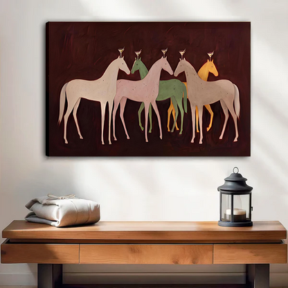 Framed five horses canvas wall art with burgundy background displayed above a white bed in a neutral bedroom.