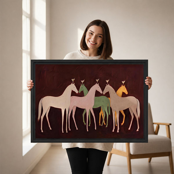 Woman holding black framed folk art five horses canvas wall art with cream, green, and golden horse silhouettes.