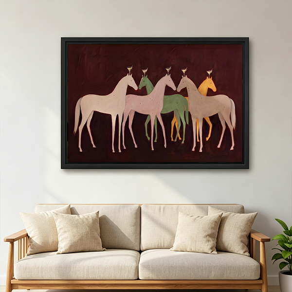 Gallery-wrap five horses canvas wall art on a burgundy background above a wooden console beside a black lantern.