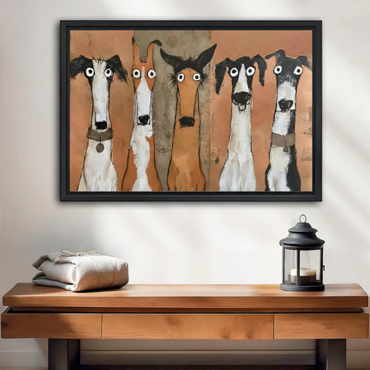 Five quirky hound dogs black framed wall art print on wooden console table, humorous dog art warm amber home decor