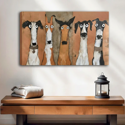 Five quirky hound dogs frameless canvas wrap wall art on console table, gallery wrap amber tones dog lover decor