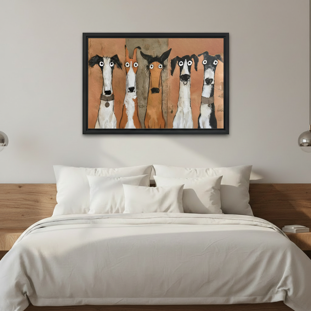 Five whimsical hound dogs framed wall art print above modern bedroom bed, warm amber tones funny dog art eclectic decor