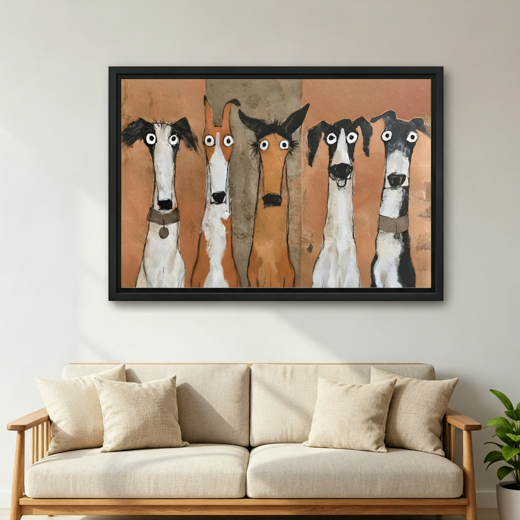 Five funny hound dogs framed art print above beige linen sofa, whimsical dog wall art for eclectic living room