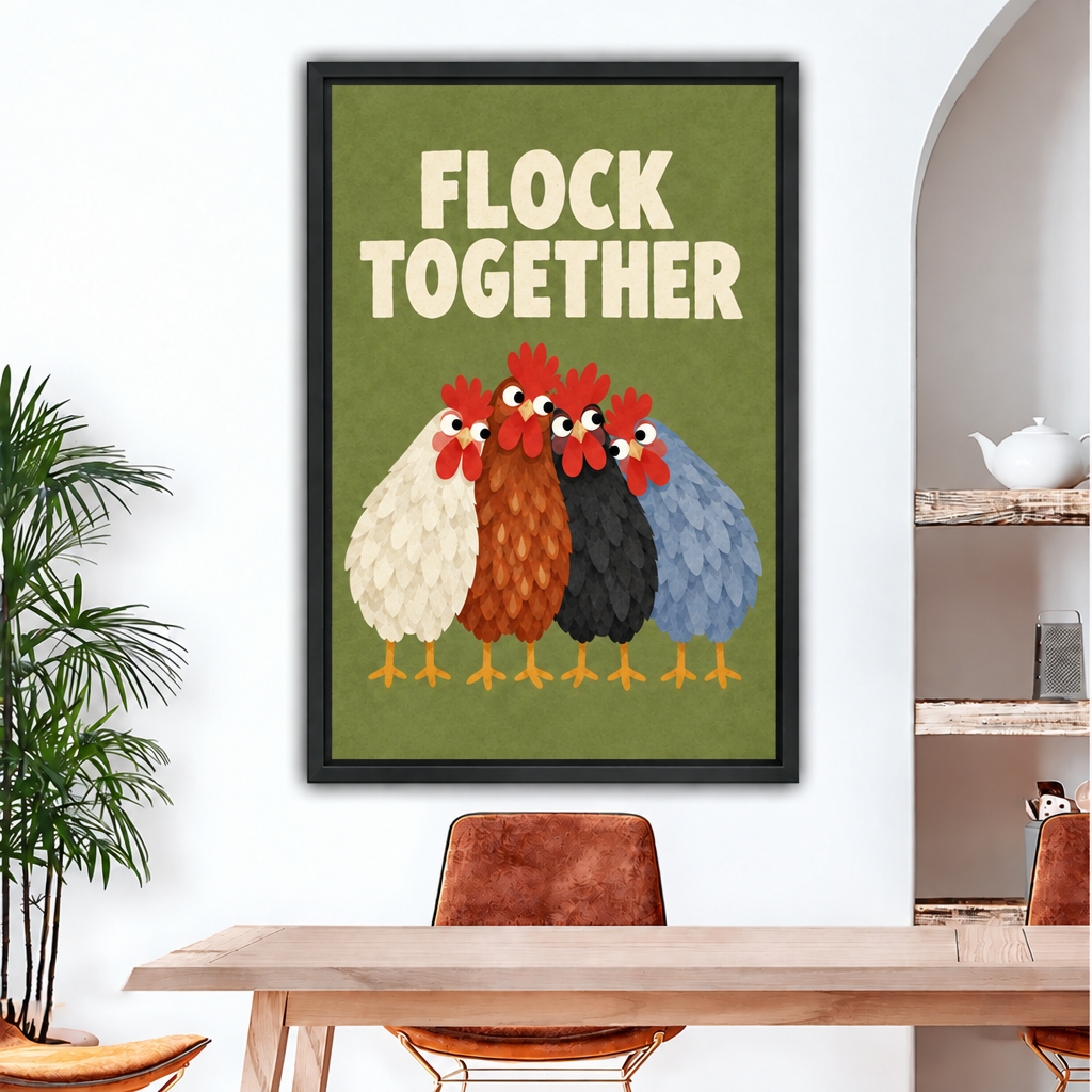 Black-framed Flock Together chicken canvas wall art displayed above a wooden dining table with brown chairs.