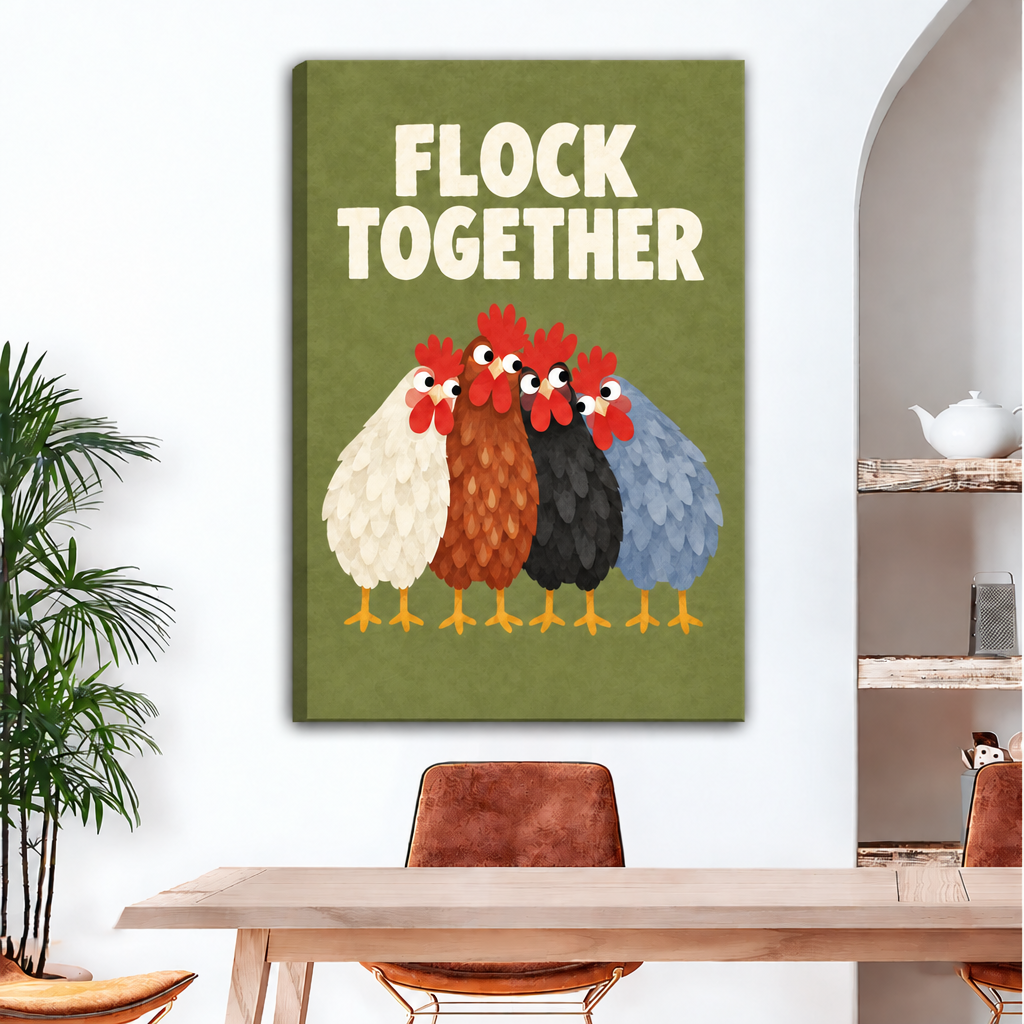  Unframed Flock Together chicken canvas wall art with visible wrapped edges displayed above a wooden dining table.