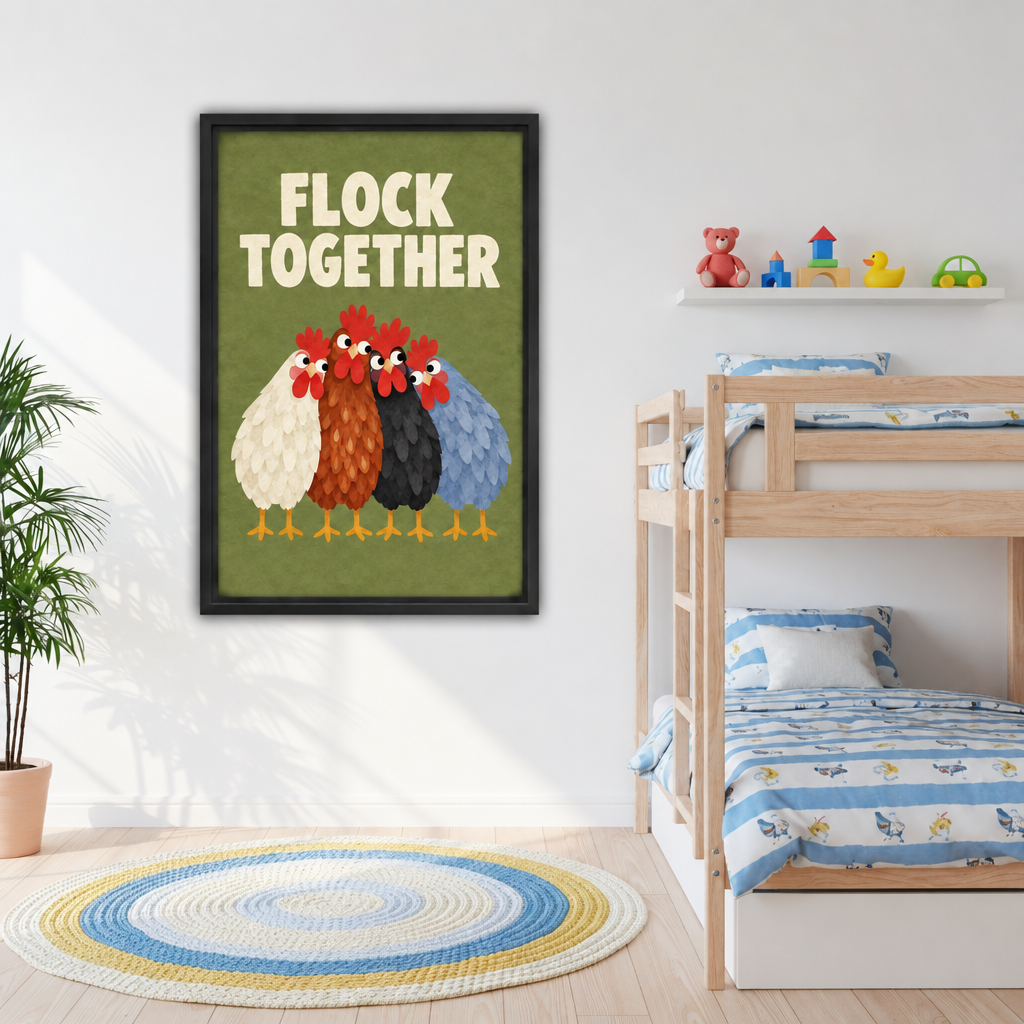  Black-framed Flock Together chicken canvas wall art beside wooden bunk beds in a bright children's bedroom.⠋