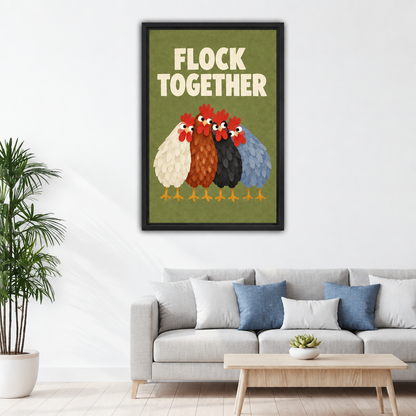 Flock Together chicken canvas wall art in a black frame above a light sofa with blue pillows.