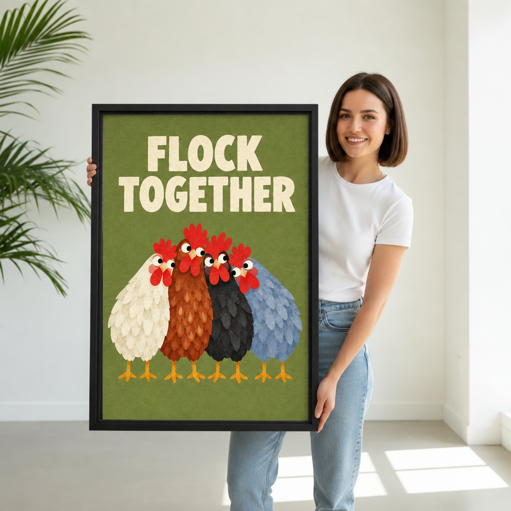 Woman holding black-framed Flock Together chicken canvas wall art featuring four colorful chickens on an olive-green background.