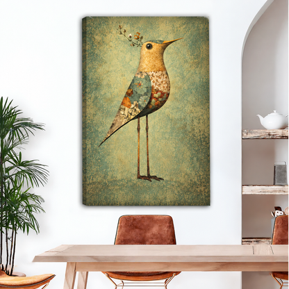 Floral bird canvas wall art displayed above a dining table without an outer frame.