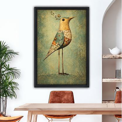 Floral bird wall art in a black frame displayed above a dining table.