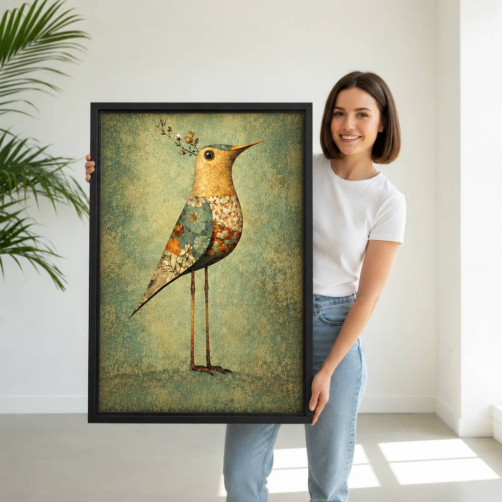 Woman holding black-framed floral bird wall art to show its scale.