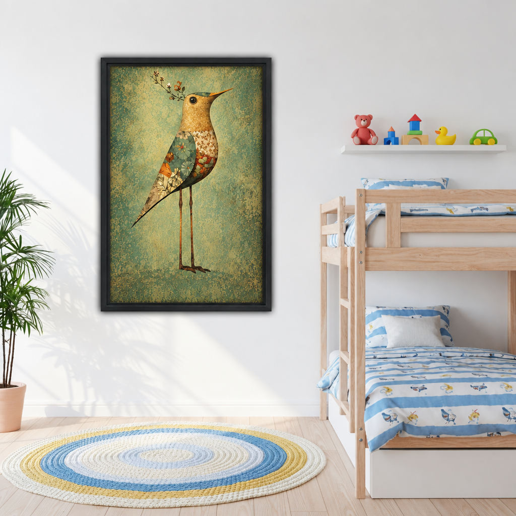 Floral bird wall art in a black frame beside a bunk bed in a kids' bedroom.