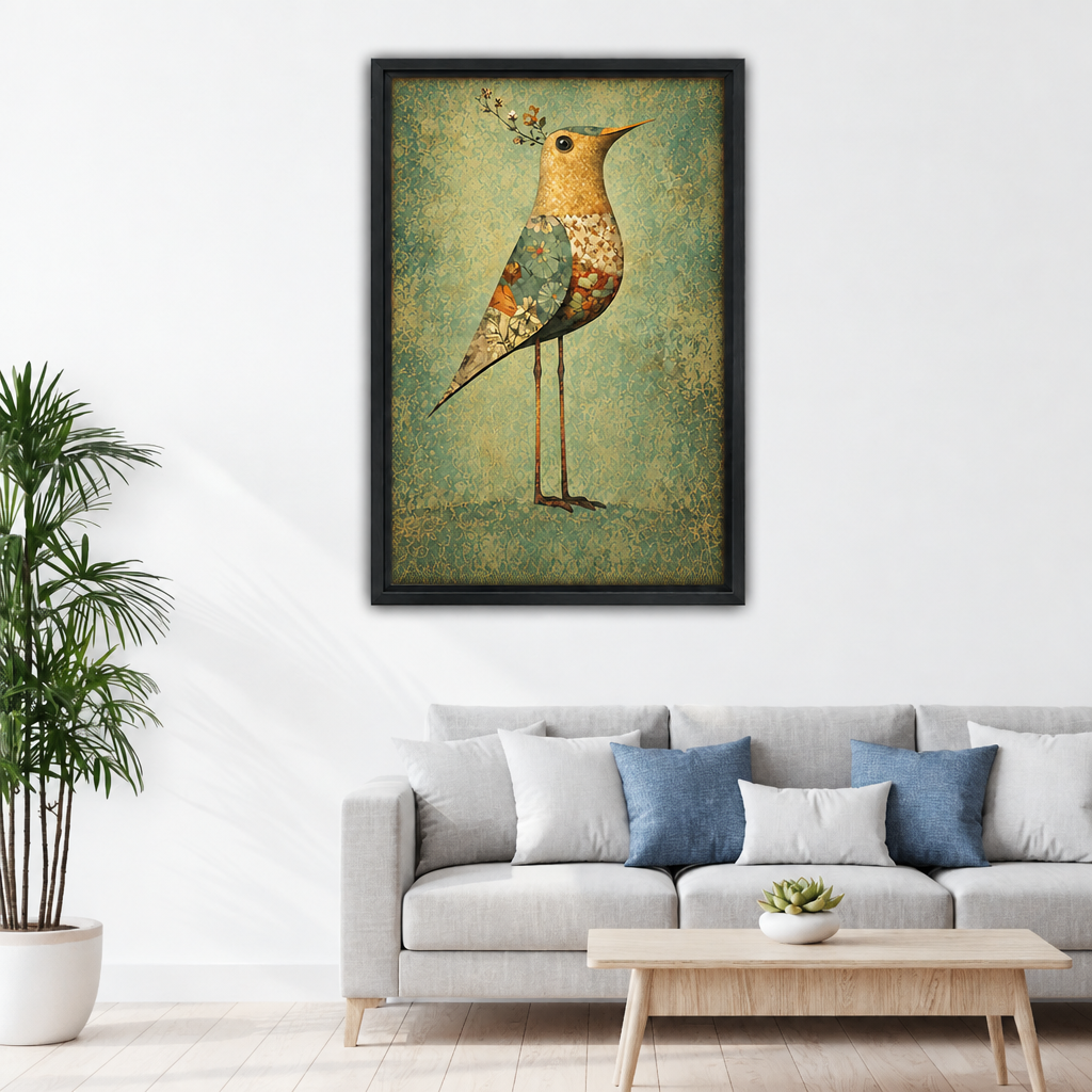 Floral bird wall art in a black frame above a sofa in a living room.
