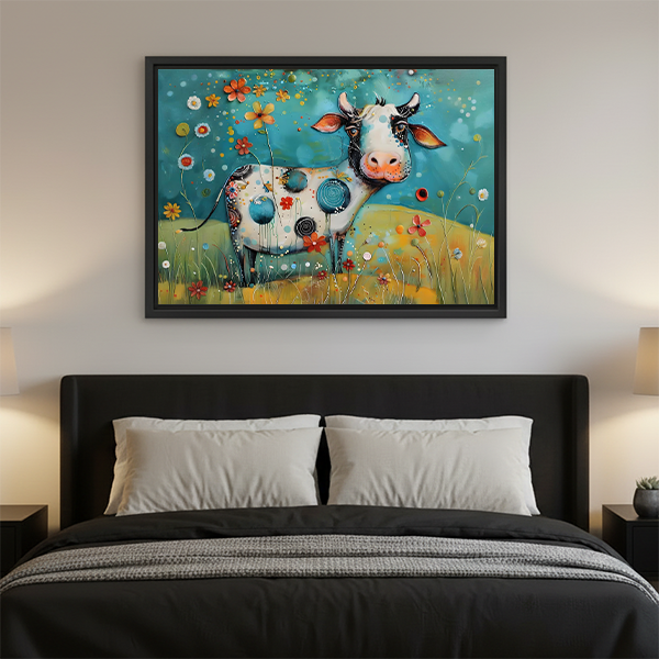 Woman holds framed floral cow canvas wall art showing a pink-nosed cow in a wildflower meadow.