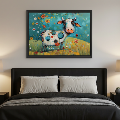 Woman holds framed floral cow canvas wall art showing a pink-nosed cow in a wildflower meadow.