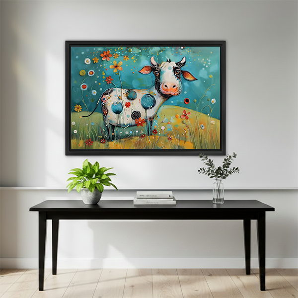 Framed floral cow canvas wall art with playful blue circles hangs above a dark bedroom bed.