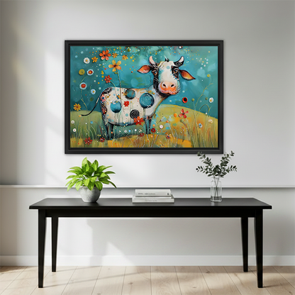 Framed floral cow canvas wall art with playful blue circles hangs above a dark bedroom bed.