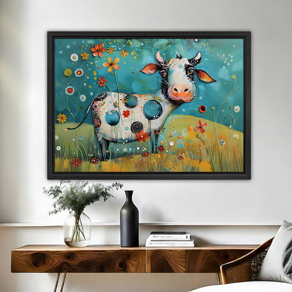 Framed floral cow canvas wall art with turquoise sky hangs above a black entryway table.