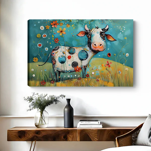 Black-framed floral cow canvas wall art hangs above a wooden console with flowers and books.