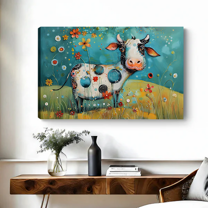 Black-framed floral cow canvas wall art hangs above a wooden console with flowers and books.