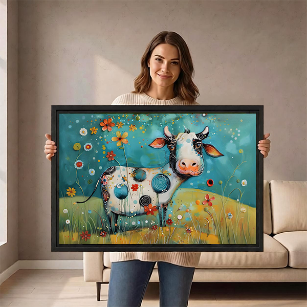 Gallery-wrap floral cow canvas wall art with colorful meadow flowers hangs above a wooden console.