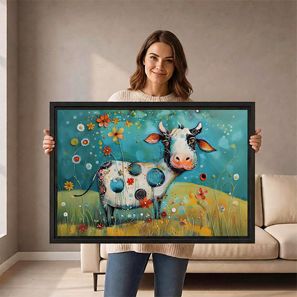 Gallery-wrap floral cow canvas wall art with colorful meadow flowers hangs above a wooden console.