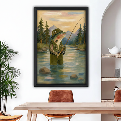 Fly fishing trout canvas wall art in black float frame hung above wooden dining table with arched doorway and palm plant