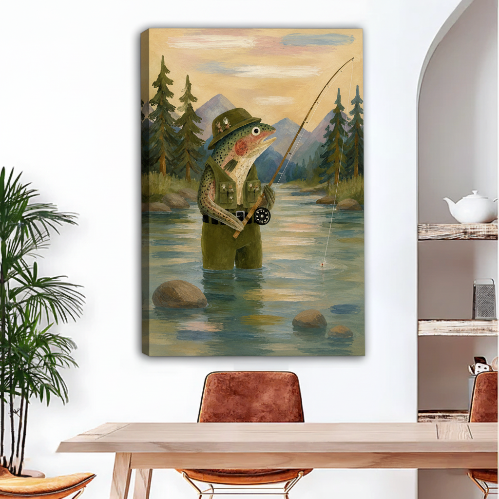 Fly fishing trout canvas wall art as gallery wrap on white wall above modern dining table with leather chairs