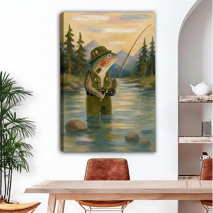 Fly fishing trout canvas wall art as gallery wrap on white wall above modern dining table with leather chairs