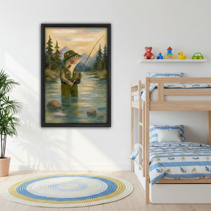 Fly fishing trout canvas wall art in black frame on white wall in children's bedroom with wooden bunk beds and toys