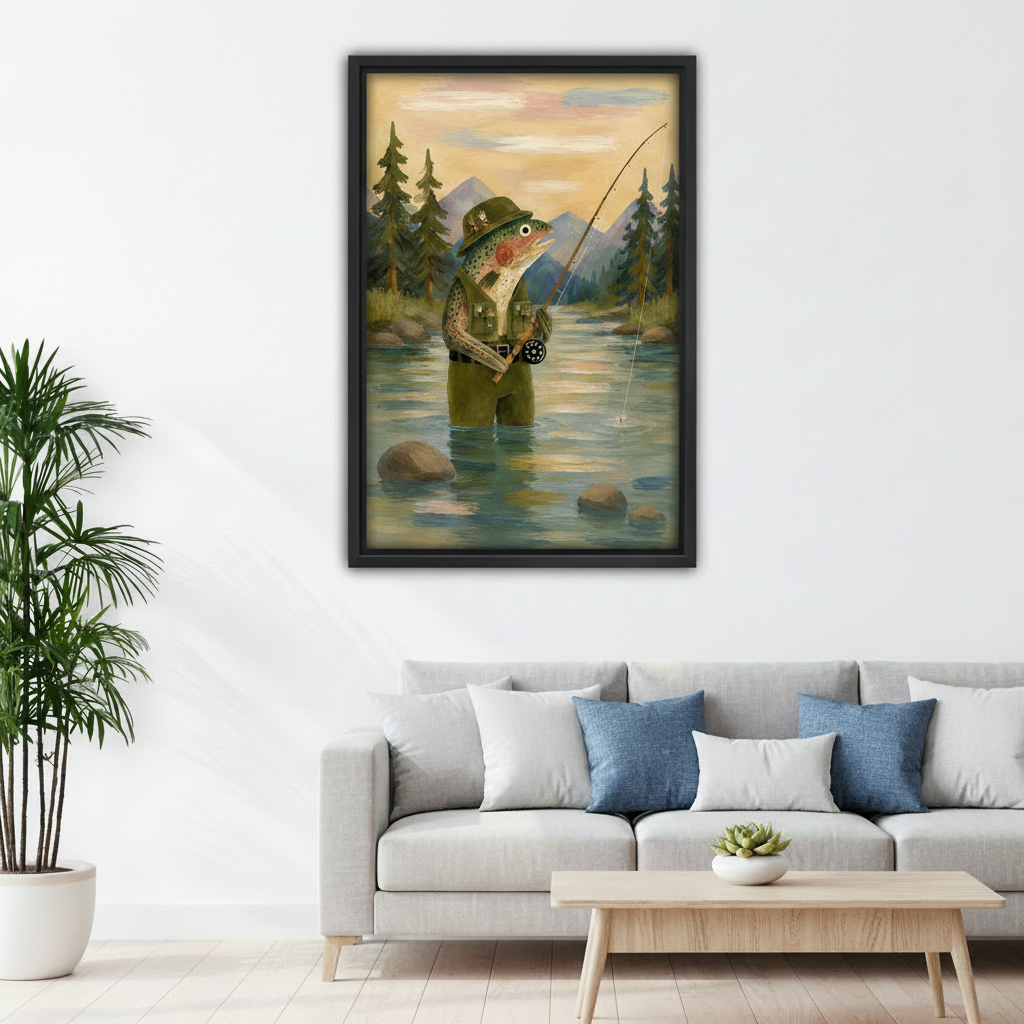 Fly fishing trout canvas wall art in black frame above grey sofa with blue cushions in Scandinavian living room